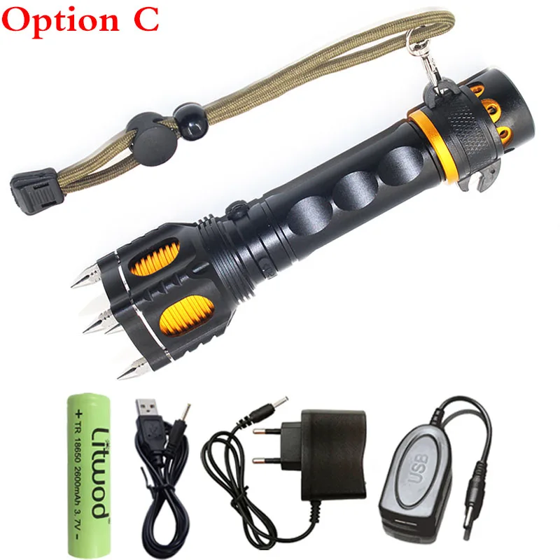 Option C Litwod Z20007, Дополнительный внешний аккумулятор, функциональный светодиодный светильник фонарь, XML T6, атака на голову, звуковой сигнал, фонарь, вспышка, светильник для самозащиты - Испускаемый цвет: Option C