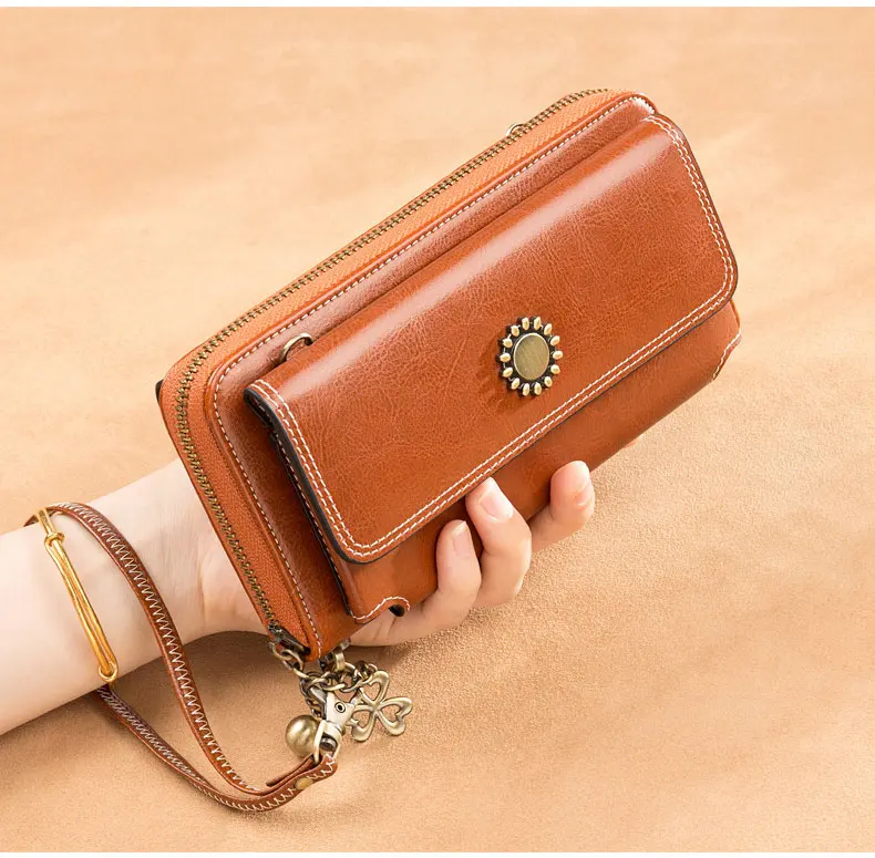 Vintage Oil Wax Leather Women Wallets Long Zippers Purse Genuine Leather Wallet Female Clutch Multifunction Big Capacity Wallet