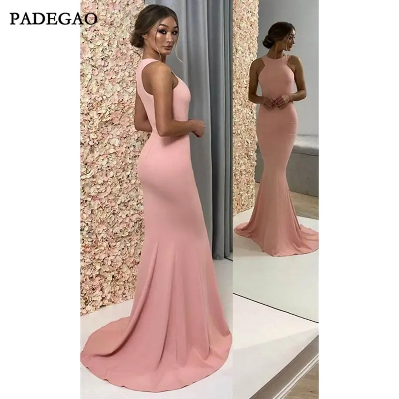

Simple Pink Evening Dresses Mermaid Prom Dresses Sleeveless Sweep Train Ruched Satin Formal Evening Dress