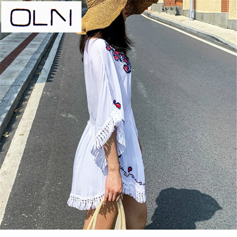 OLN 5XL Размер хлопковая блузка Туника Летняя мода Повседневная Вышивка блузки