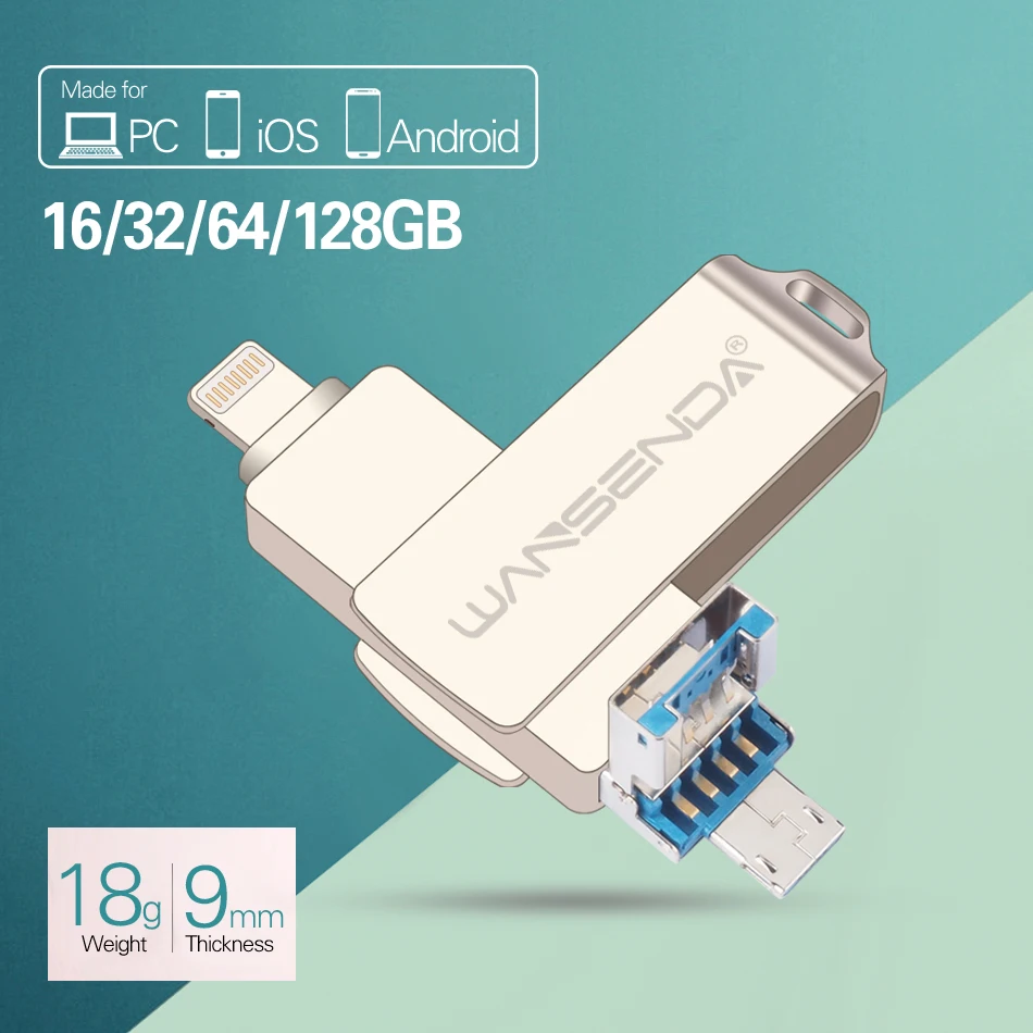 WANSENDA USB3.0 Flash Drive 128 GB памяти 64 32 16 металлические палочки флешки с логотипом для iPhone