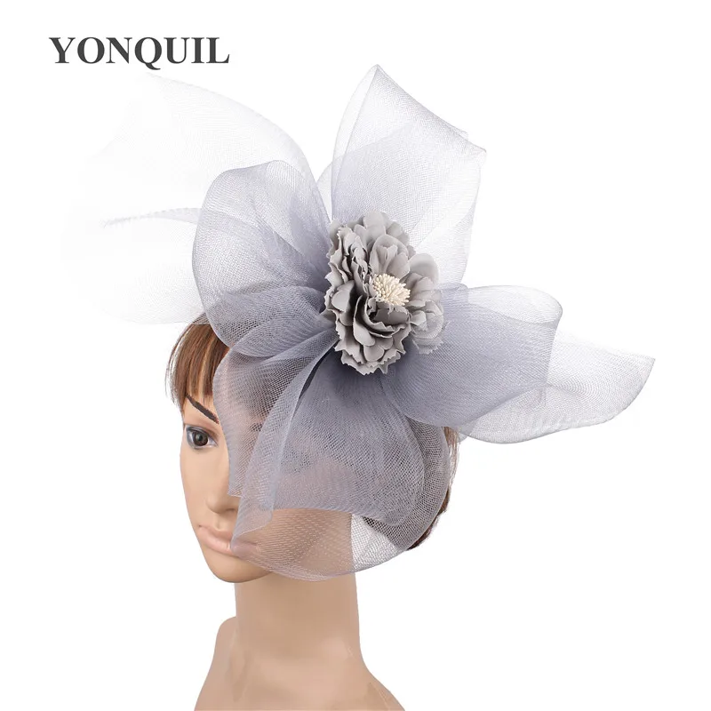 

Vintage Gray Ladies Mesh Flower Big Fascinator Hats Women Wedding Kenducky Party Ascot Chapeau Bridal Tulle Occasion Headpiece