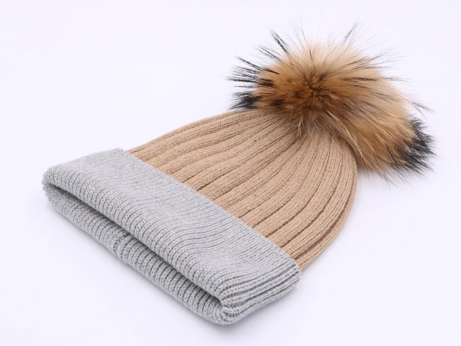 Съемная Натуральный мех шапочки для Для женщин шляпа вязать енот Мех помпоном