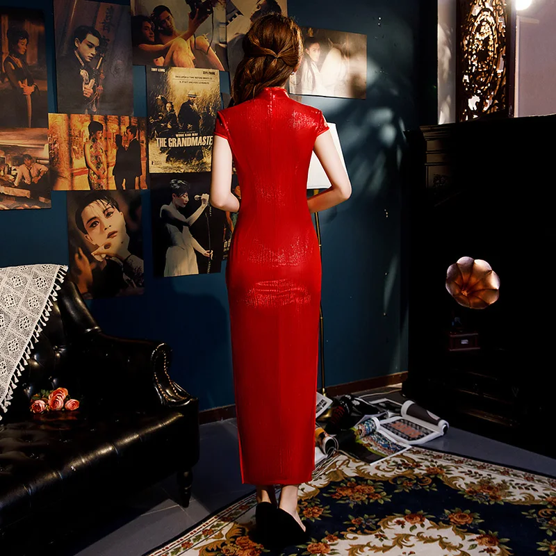 

2019 Long Cheongsam Vintage Chinese style Mandarin Collar Dress Womens Summer Rayon Qipao Slim Party Dresses Vestido S-XXXL