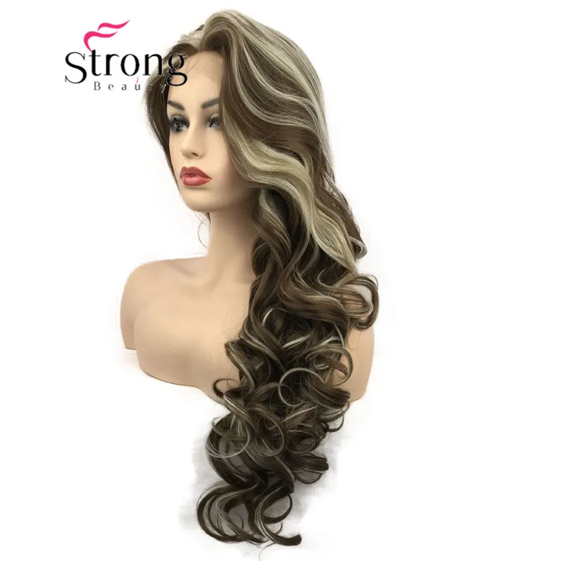 StrongBeauty парики на кружеве для женщин коричневый микс Glueless длинные волнистые синтетические термостойкие волосы парик выбор цвета