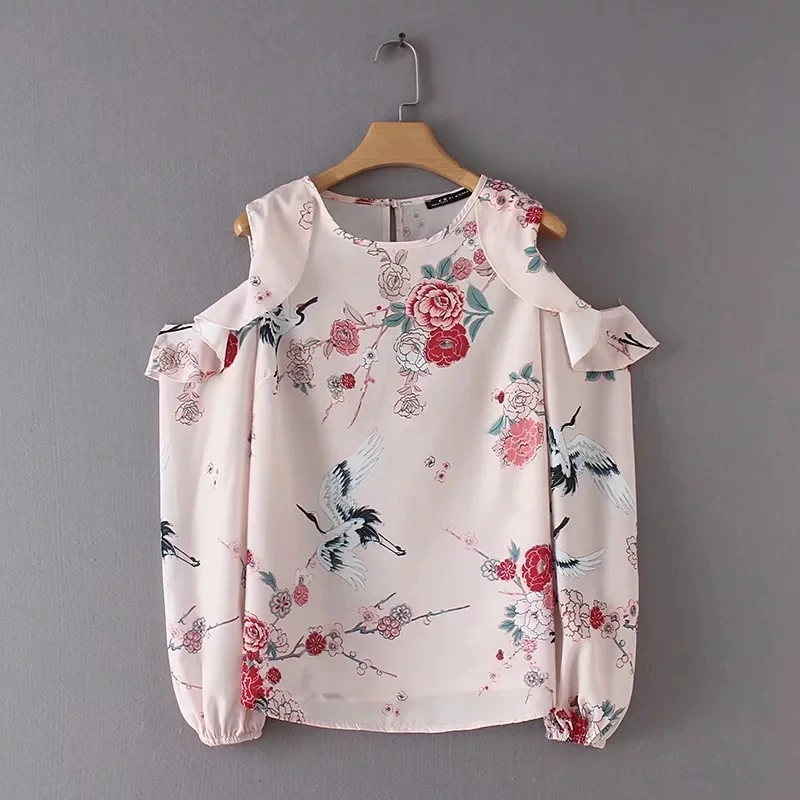 

Women's off Shoulder Shirts print flower Blouse 2018 lotus leaf Shirts Ladies Chiffon Tops Clothing Female Girls chic Blusa