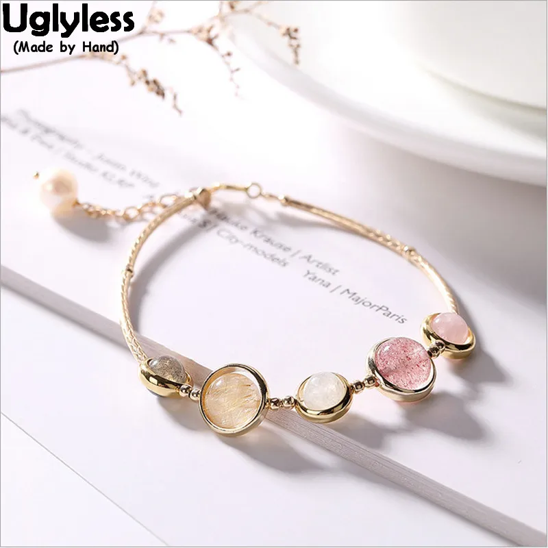 

Uglyless 100% Real 925 Sterling Silver Handmade Beading Bracelets for Women Strawberry Quartz Ball Spinning Bangle Beads Jewelry