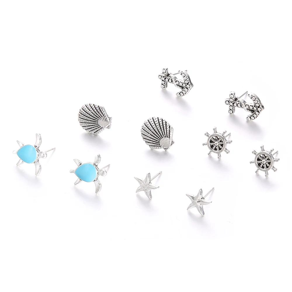 5 пар/компл. Морская звезда ракушка Хрустальный якорь черепаха серьги гвоздики