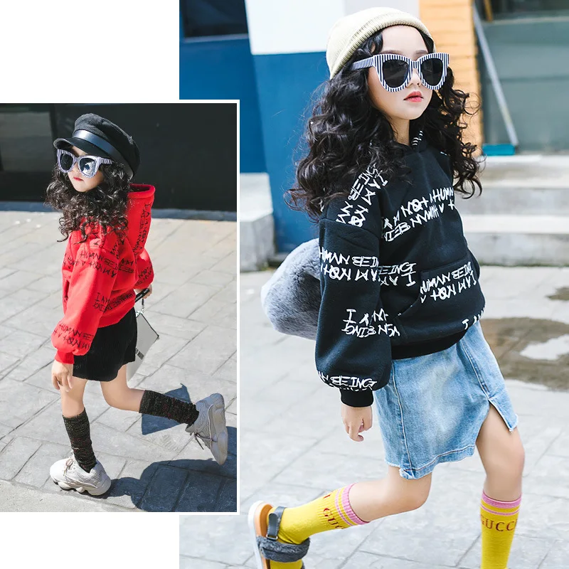 Girls' sweater thick Korean version of the winter 2018 new hooded shirt children plus velvet loose tide pocket top t-shirt | Мать и