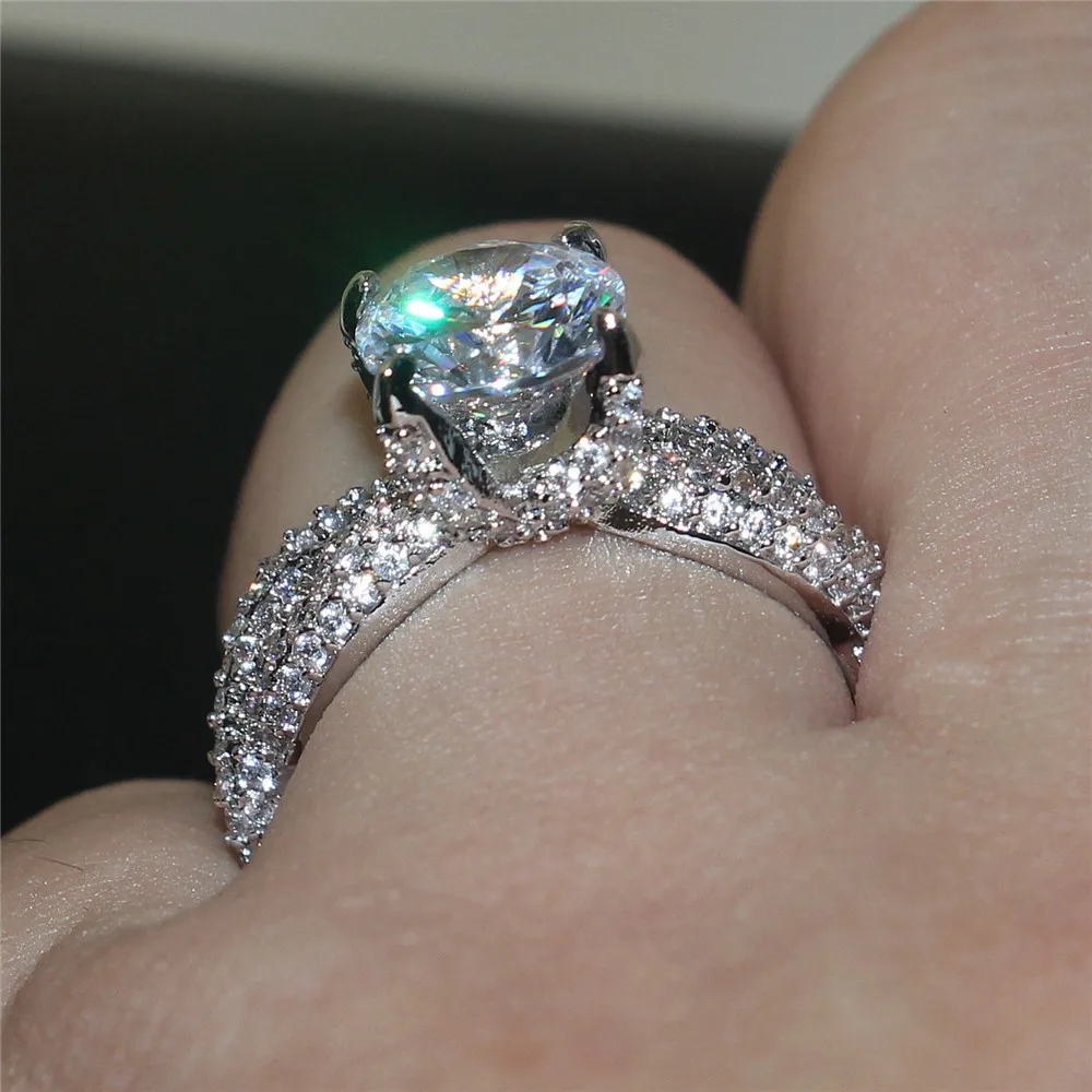 Vintage 14KT white gold filled Jewelry Pave setting AAA CZ Dragon-claw Setting 3ct stone Couple Rings Wedding Ring For Women | Украшения и