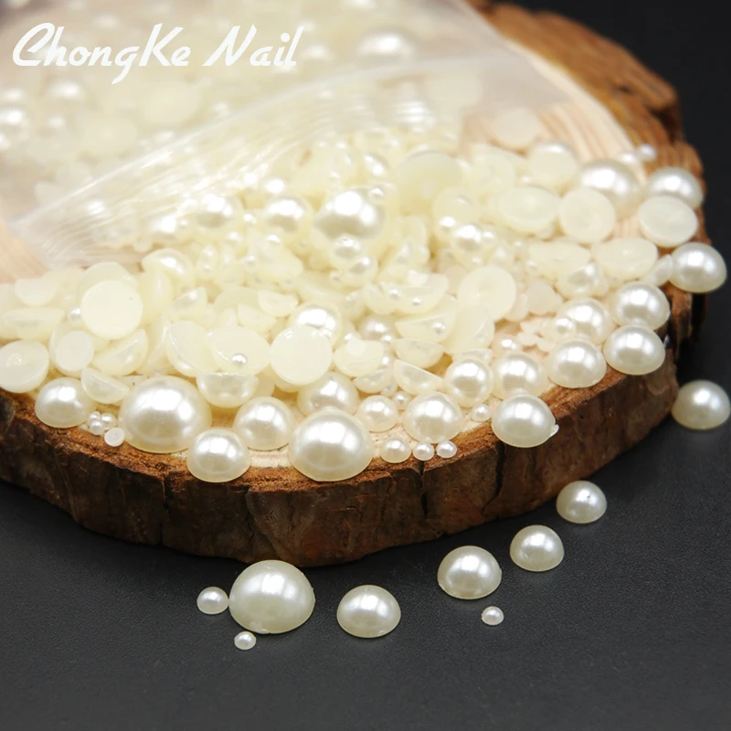 Полукруглые бусины разных размеров для украшения ногтей цвет слоновой