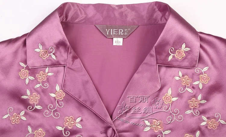 100 mulberry silk long-sleeved long sleeves and long trousers embroidered silk gown suit home (wine red M- XXL)