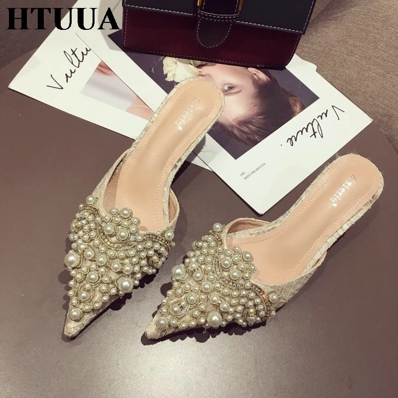 HTUUA/Роскошные шлепанцы; женские дизайнерские шлепанцы; женские брендовые туфли без задника; женские модельные туфли с острым носком на каблуке; шлепанцы с жемчугом; SX2439