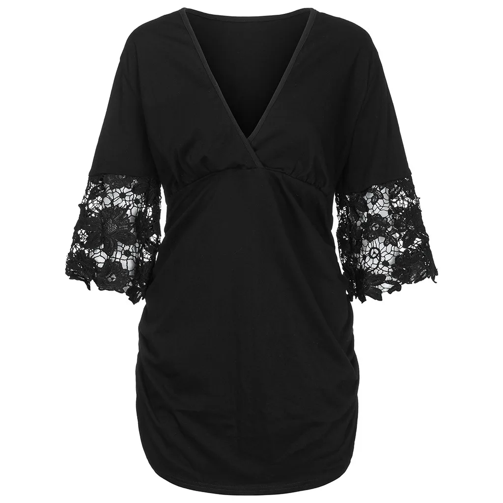 Black Feitong, женские блузки размера плюс, модные, женские, s, сексуальные, новые, v-образный вырез, половина рукава, с рюшами, завышенная талия, Рубашки, Топы, blusas mujer - Цвет: Black