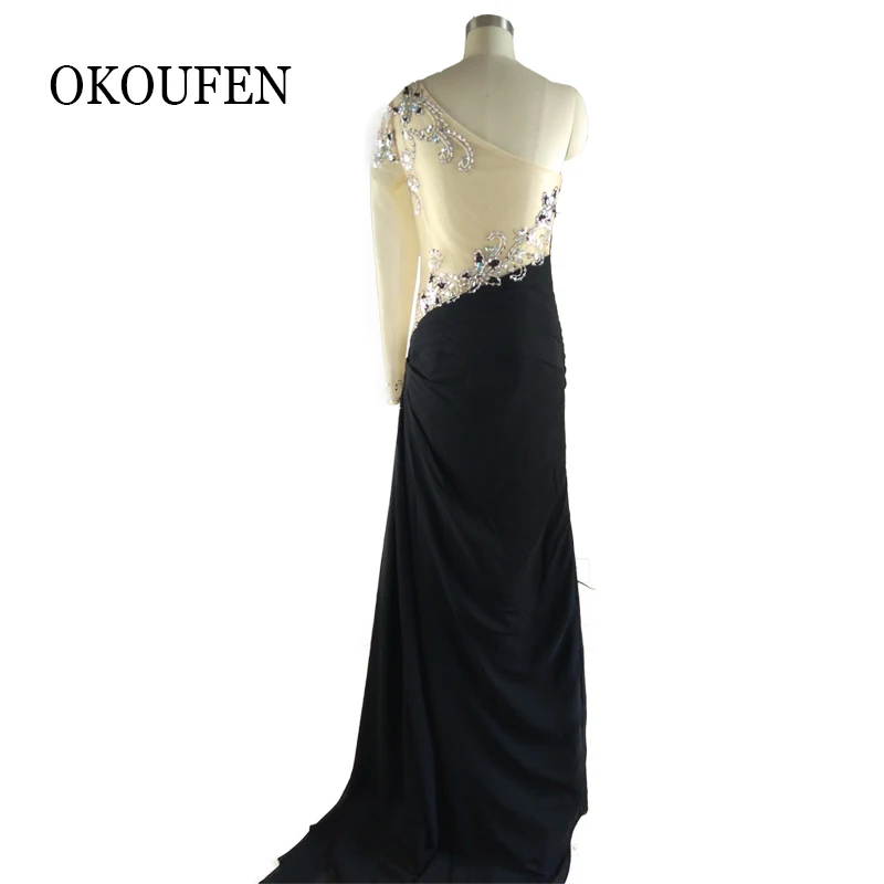fashion black prom dresses 2019 new one shoulder long sleeves beaded women pageant gown formal party dress vestido de festa | Свадьбы и
