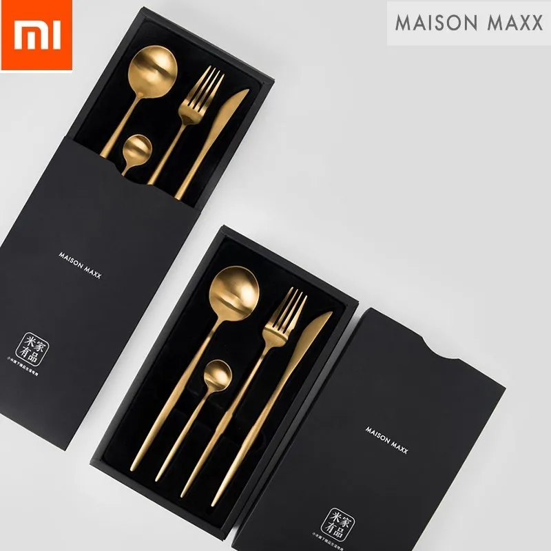Xiaomi Stainless Steel Tableware Maision Maxx Set Knife Spoon Fork Tea-spoon 4 Kit Dinnerware Black Gold For Smart Home remote |