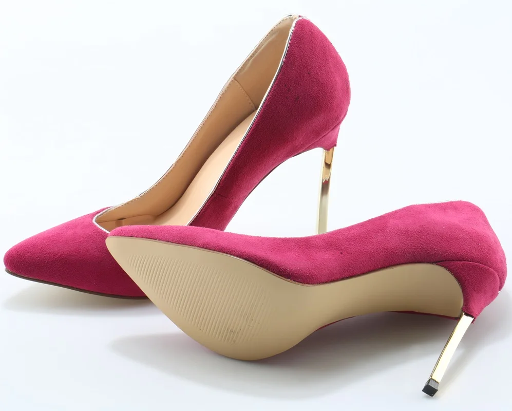 Hot Pink Faux Suede Leather Ladies Sexy High Heels Gold Rim Blade Heel Stiletto Shalow Slip On Pumps Dress Shoes | Обувь
