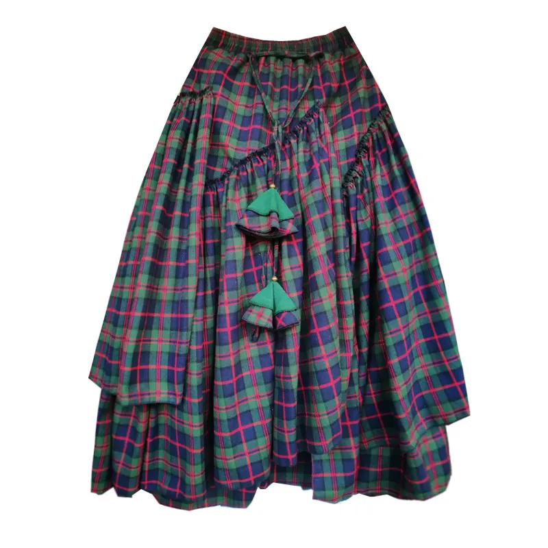 Бесплатная доставка 2020 зеленая клетчатая длинная трапециевидная юбка с