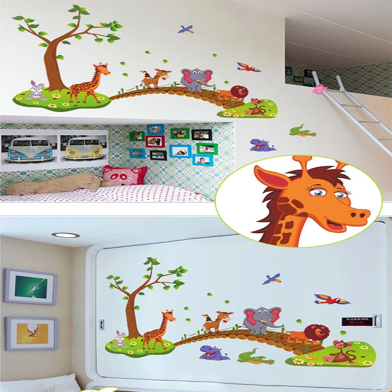 Мультяшные джунгли 3D Животные Дерево мост Лев жираф слон птицы цветы наклейки на
