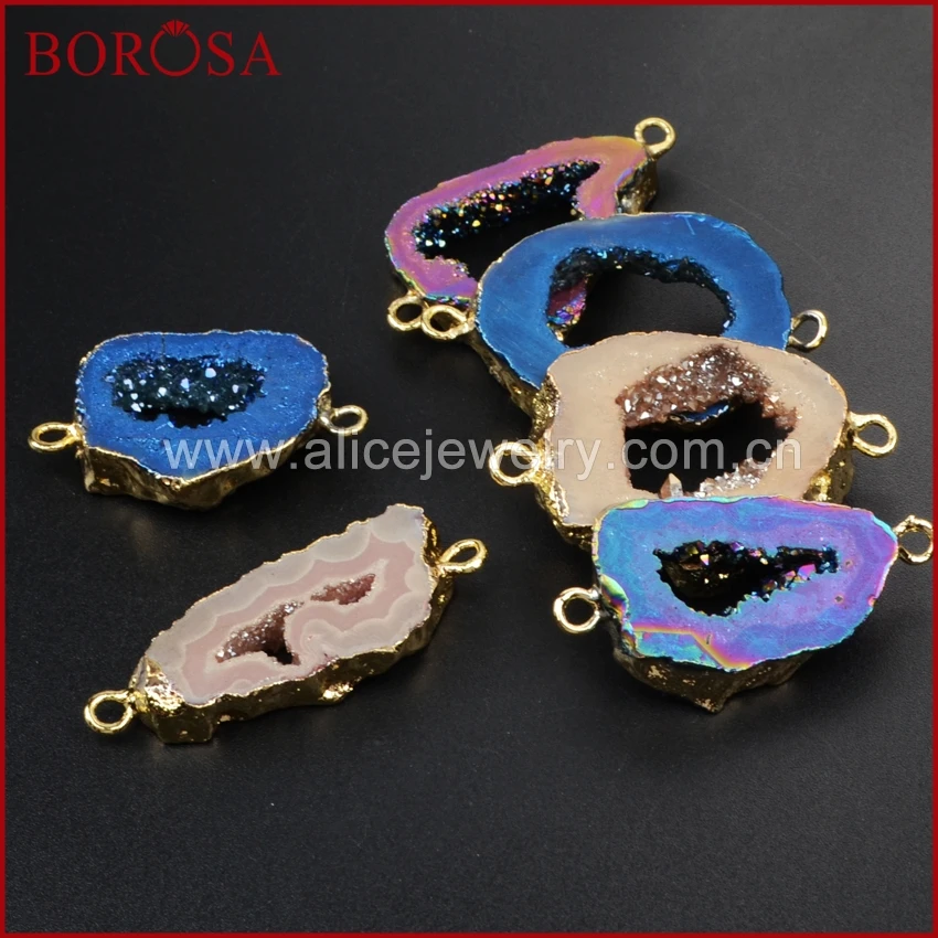 BOROS 10 шт. Золотая радужная кулон из титана Agates Druzy Slice Коннектор с двойным
