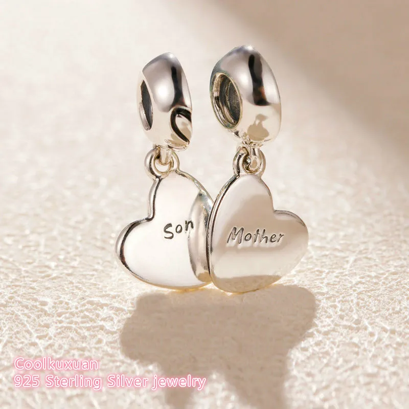 Mother's Day 100% 925 Sterling Silver Mother & Son Love Dangle Charm two hearts beads Fits Original Pandora bracelets diy