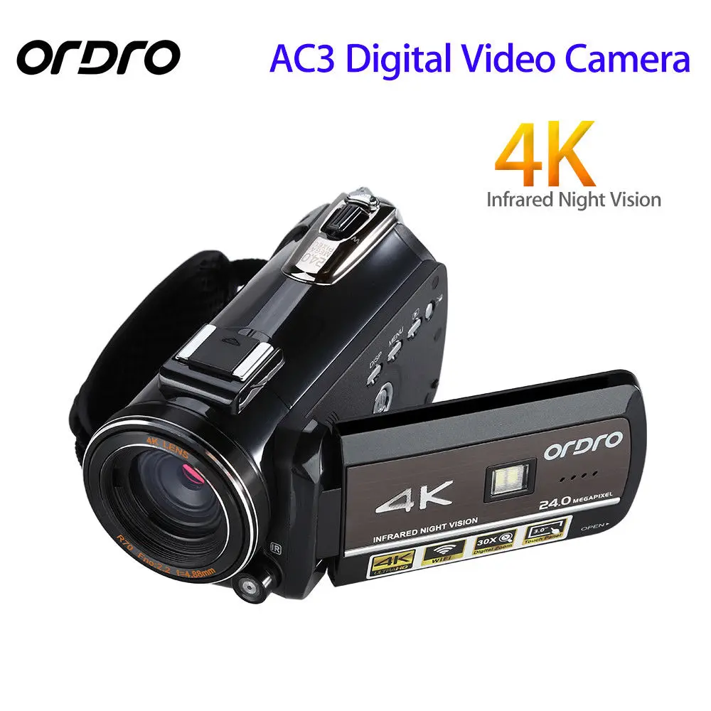 ORDRO Updated AC3 4K Hot Shoe WIFI Digital Camera HDMI 24MP Infrared Night Vision Video Recording Camcorder 3&quot Touch Screen |