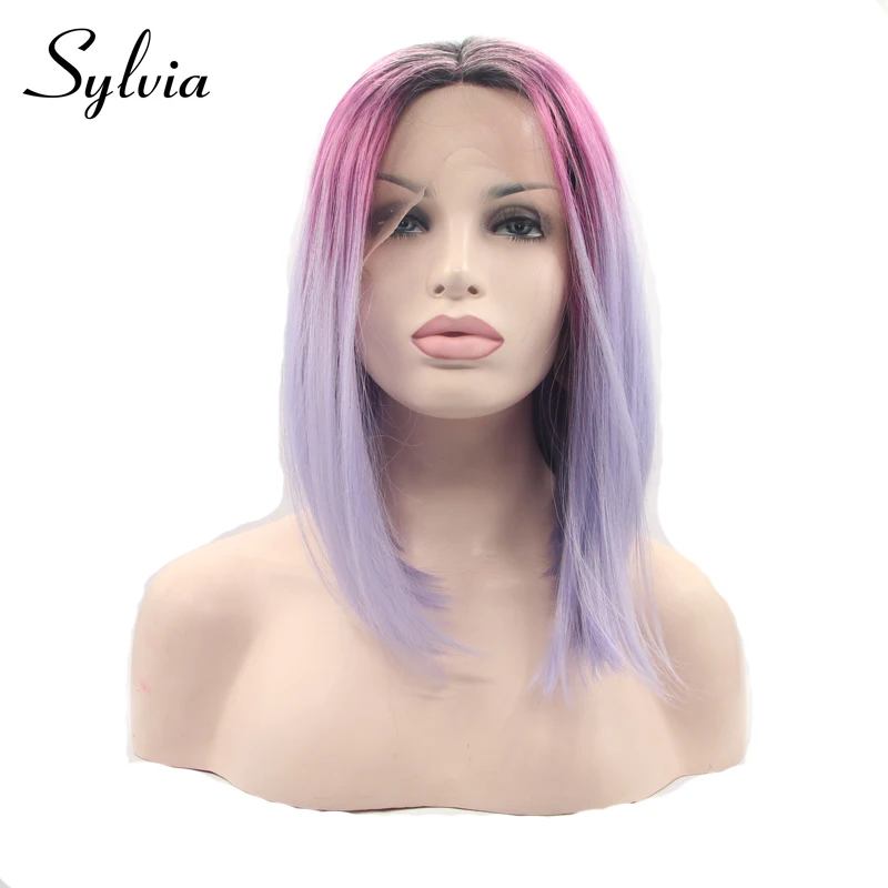 Sylvia розовый до фиолетовый ombre Короткие прямые синтетические парики с темными