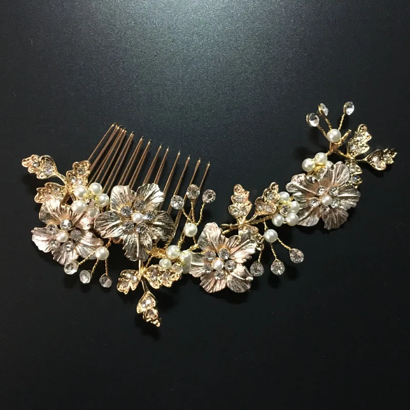 

SLBRIDAL Handmade Flower Leaf Rhinestones Pearls Wedding Hair Comb Bridal Headpieces Crystal Hair Accessories Bridesmaids Women