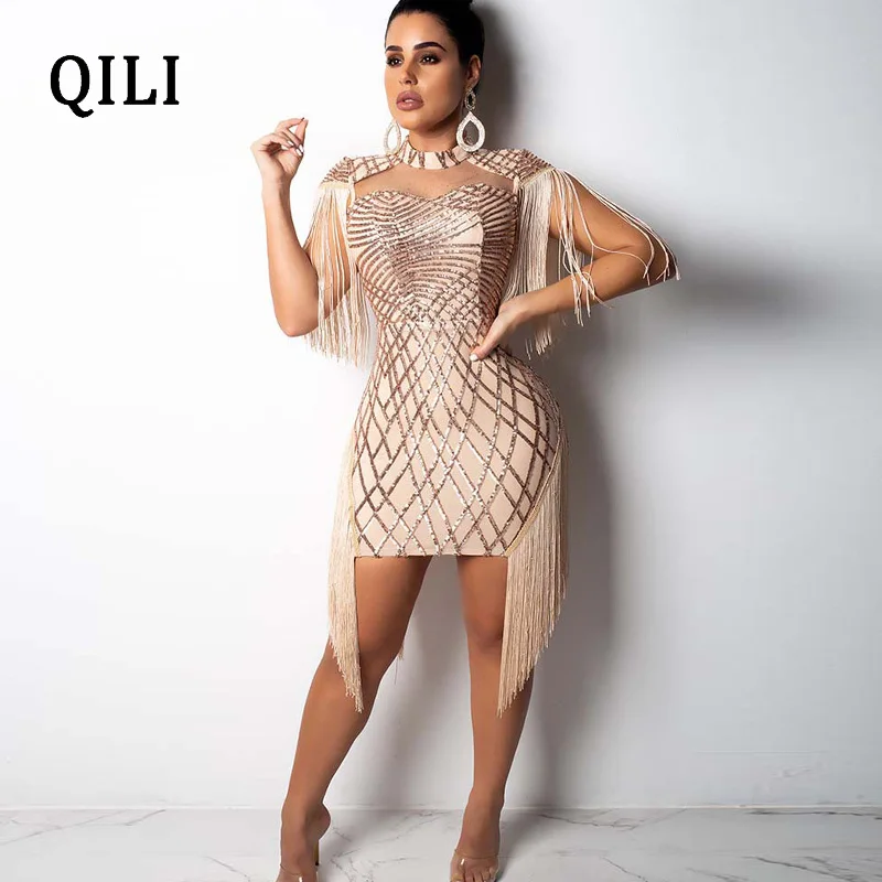 QILI 2019 новое платье с блестками и бахромой красные черные Хаки сетчатые Лоскутные