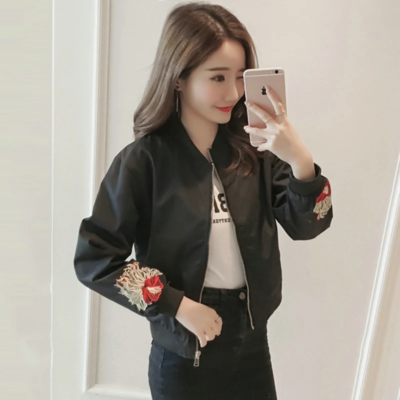Модные Курточка бомбер Для женщин пальто Вышивка куртка для Свободные