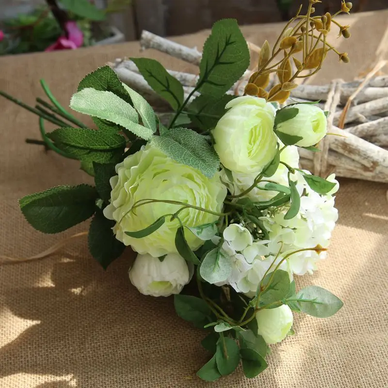 9pcs white green 7/8/9/12 шт./лот Искусственные цветы розы свадебный букет год розовый Королевская роза из шелка с цветочным принтом украшения дома Свадебная вечеринка Декор - Цвет: 9pcs white green