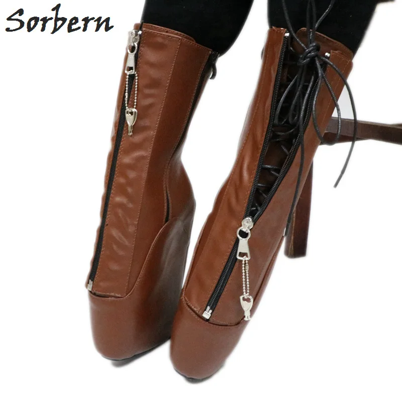 

Sorbern Calf Ballet Wedge Boot Women Large Size 44 Zip Lockable Hoof Heelless Pinup Brown Matte Shoes Unisex Fetish Heels New