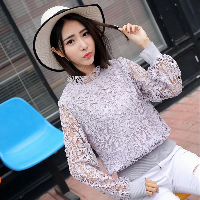 See Orange Gray Purple Lace Blouse 2018 Autumn Long Sleeve Shirt OL Causal Top For Women SO1019