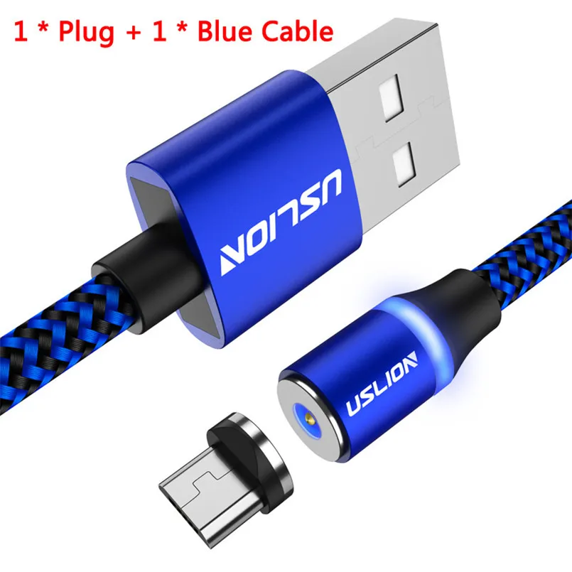 USLION Micro USB кабель usb type C Магнитный Кабо Для Xiaomi samsung S9 S8 для iPhone X нейлоновый Плетеный светодиодный магнитный кабель телефонный кабель - Цвет: Blue