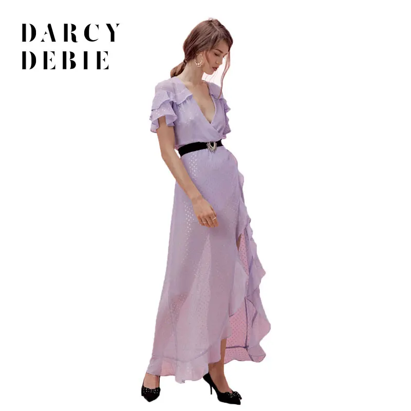 Летнее женское платье с оборками Darcydebie 2018 сиреневое асимметричное V образным