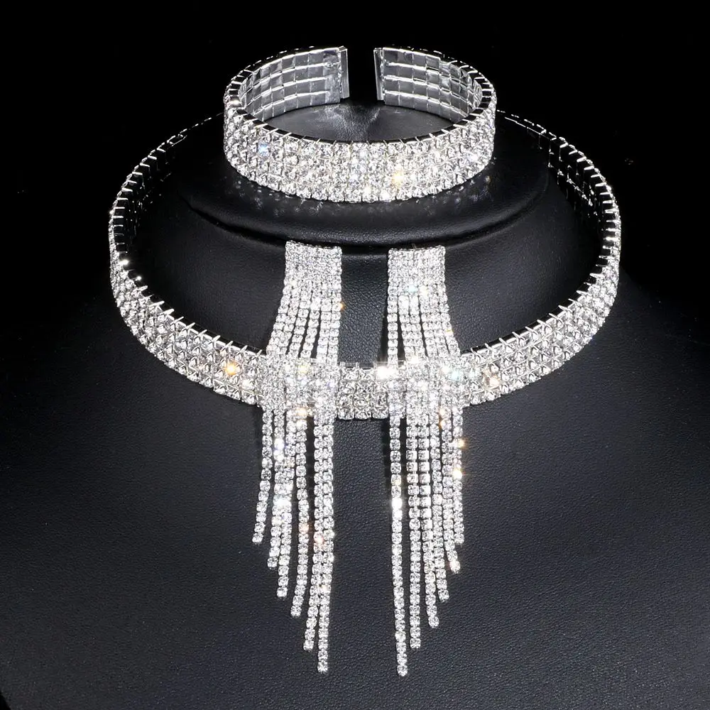 4 Lays with earrings Классический Элегантный серебряный цвет кисточкой Кристалл Свадебные Ювелирные наборы Африканский горный хрусталь свадебное ожерелье серьги браслет наборы WX081 - Окраска металла: 4 Lays with earrings