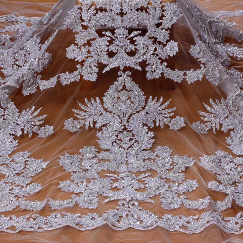 Белый La Belleza pure white large pattern cord lace fabric heavy beaded fabric handmade beading lace gown lace fabric 1 yard - Цвет: Белый