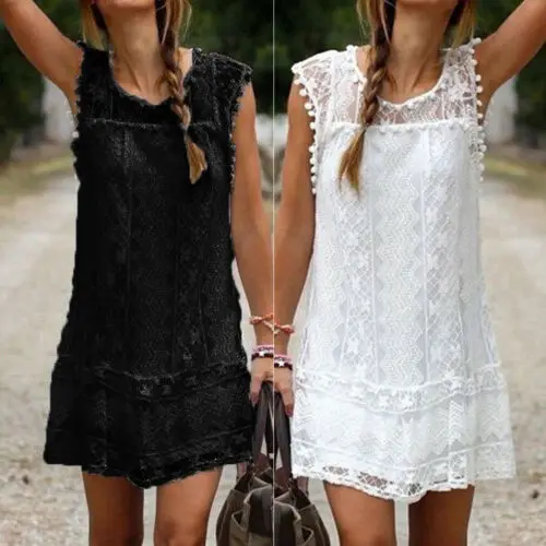 Женское короткое платье с круглым вырезом и кружевными оборками Повседневные