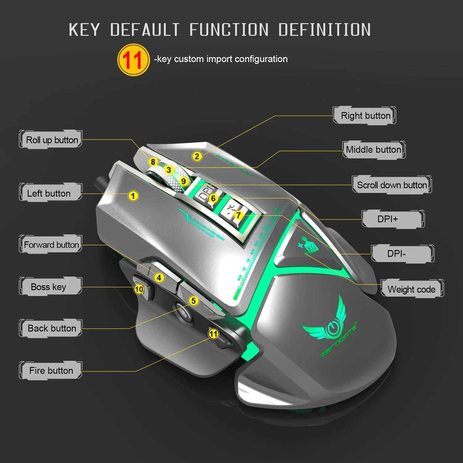 ZERODATE X400GY 11-key USB Проводная оптическая игровая мышь с светодиодный светильник 3200 dpi Регулируемый Вес для ПК ноутбук программируемый