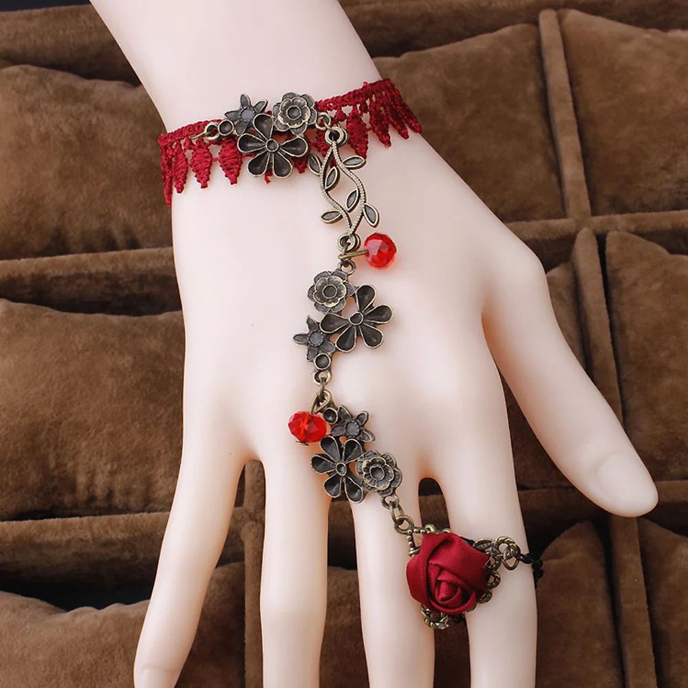 Набор ювелирных изделий Lackingone Fashion Vintage Wine Red Rose Lace Rattan Palace Necklace Bracelet Foot Chain Earrings Wowen.