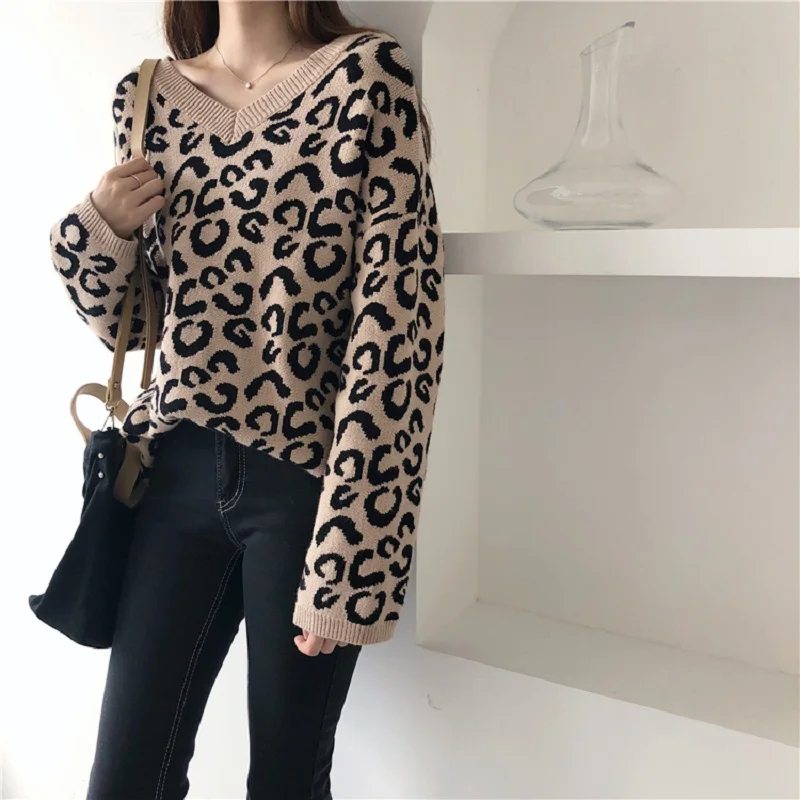 Корейская Уличная Повседневная Leopard цвет двойные v-образным вырезом свитер