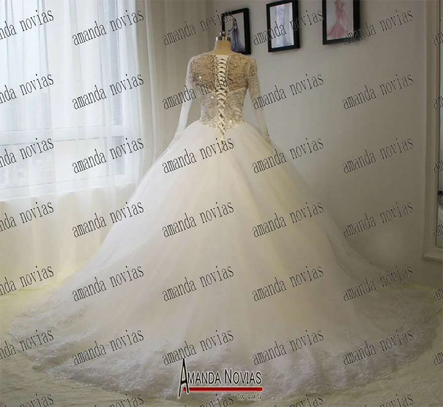Novias реальные фотографии Роскошная вышивка Полный Бисероплетение бальное платье с рукавами свадебное платье