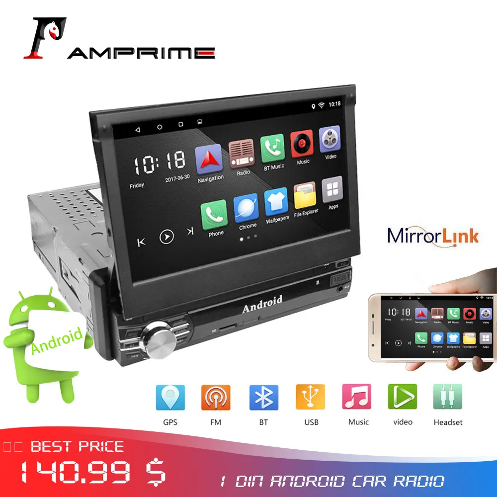 AMprime 1 din Автомобильный мультимедийный видео плеер Android 7 &quotсенсорный экран 1din