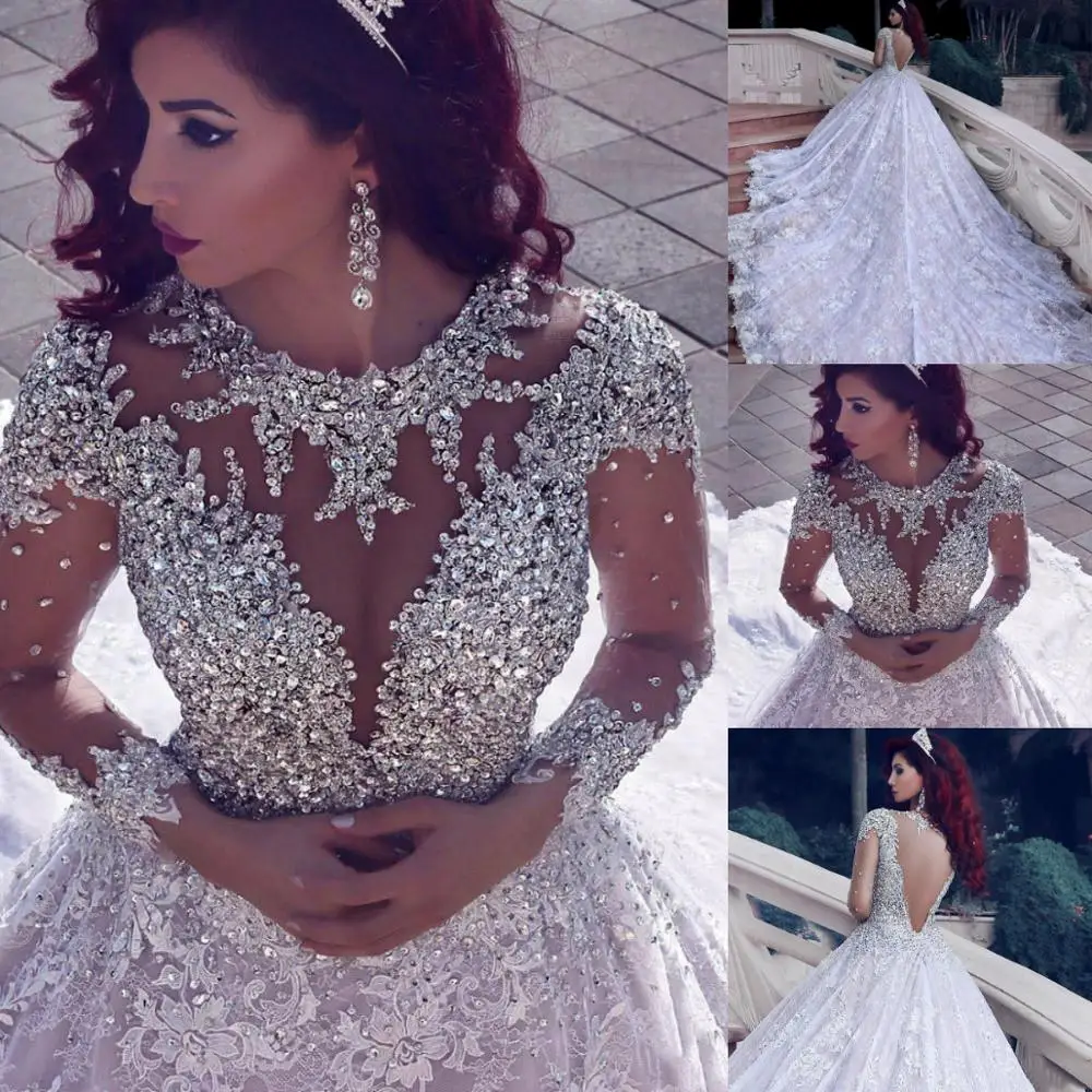 

2019 Latest Luxury Beading Wedding Dresses With Long Train Sequined Long Sleeve Muslim Lace Wedding Gowns