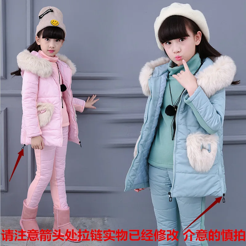 

Children's new winter three pieces of girls winter clothing thickening package Korean version of leisure love 3 sets