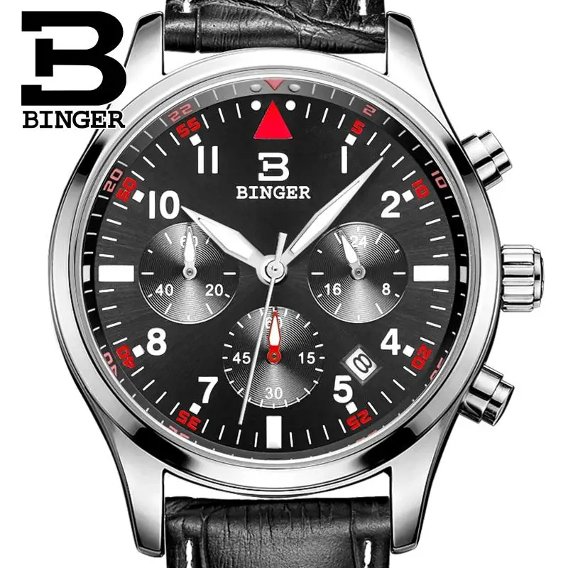 Switzerland BINGER men's watches luxury brand Quartz waterproof leather strap clock Chronograph Stop Watch Wristwatches B9202-10