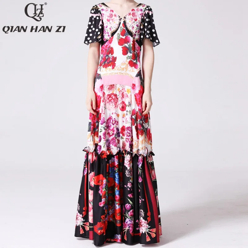 

Qian Han Zi newest Designer fashion Runway Maxi dress Women's Short Sleeve V-neck Amazing Print Vintage Indie Folk long Dress