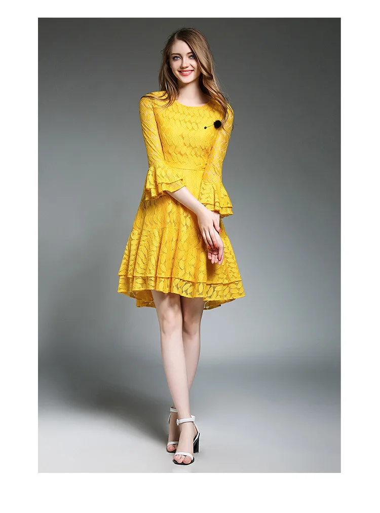 2017 Summer Elegant High Quality Sexy Lace Dress Seven Horns Sleeves O-Neck Asymmetrical Flare-Length | Женская одежда