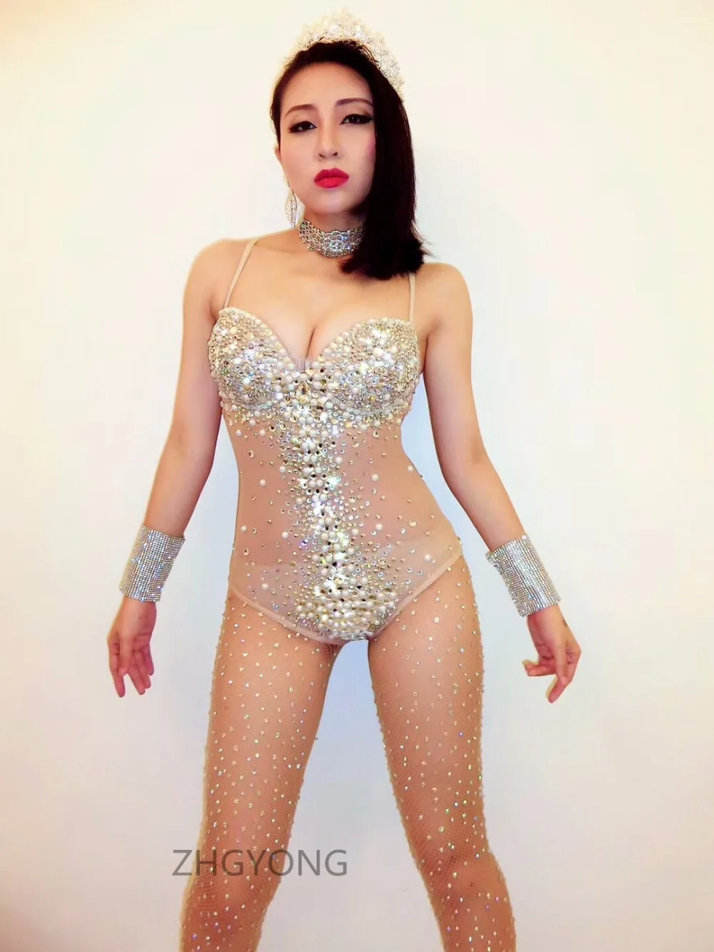 Женское блестящее боди с прозрачными кристаллами|bodysuits outfits|female bodysuitsexy dj costume |