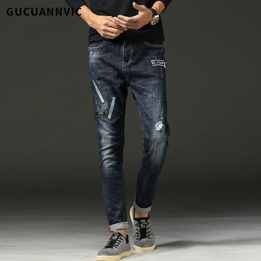 Темно синий Stonewashed модные Повседневные штаны для мужчин личность Ripped Синий